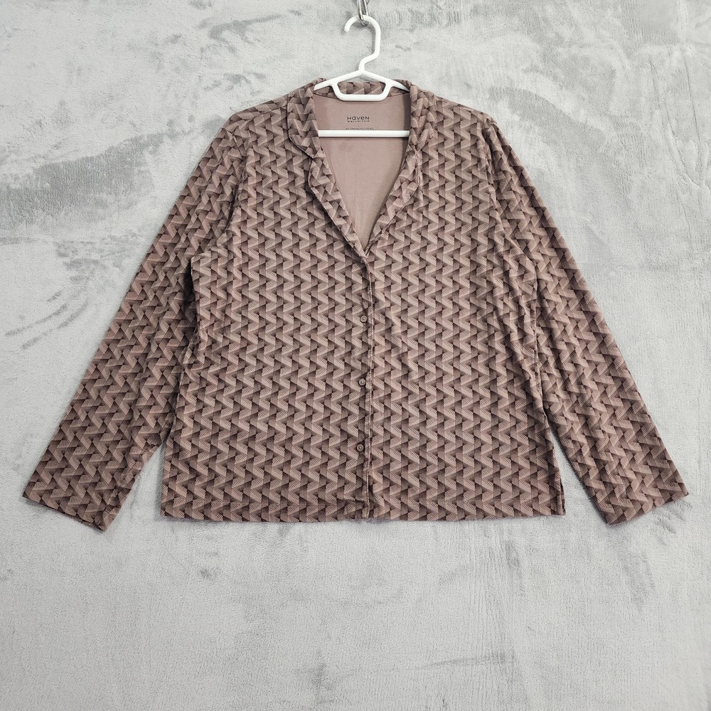 Haven Well Within Shirt Womens L Brown Geometric Jersey Button‎ Front Stretch